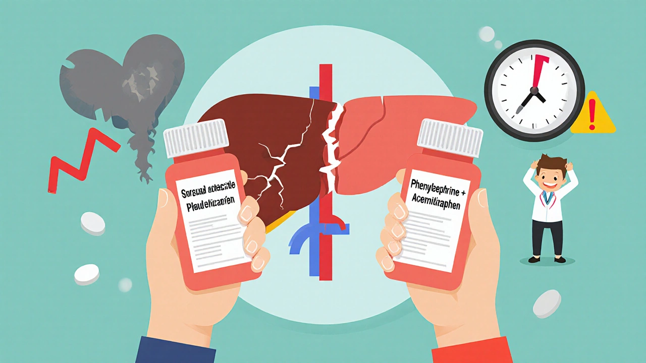 Cartoon liver cracking under pressure from decongestants and acetaminophen, with rising blood pressure monitor.
