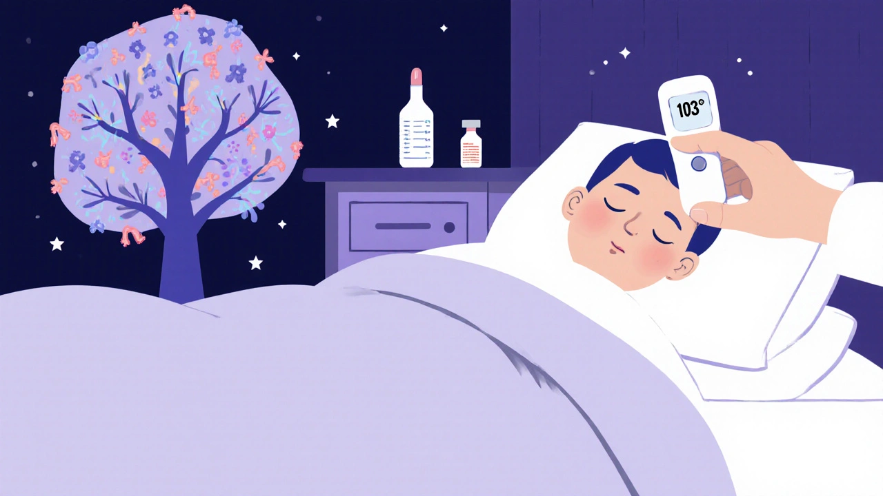 Child sleeping with mild fever as medicine is placed on nightstand 4 hours after vaccine