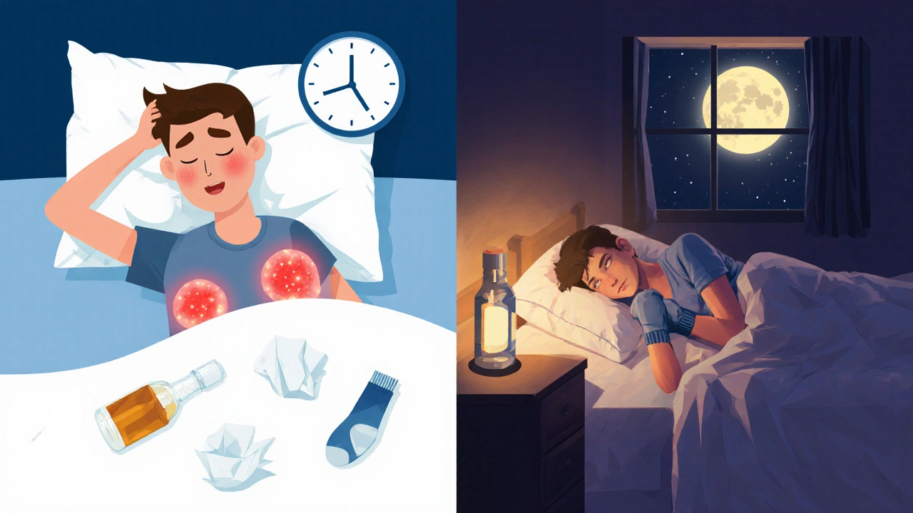 Contrast of restless sleep with itchy skin vs. peaceful sleep with protective barriers.