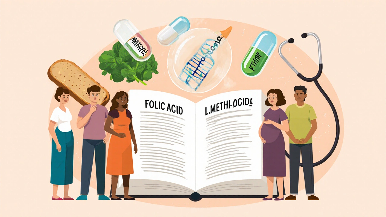 Diverse group of women around a guidebook, with floating folic acid and L-methylfolate capsules and genetic chain above them