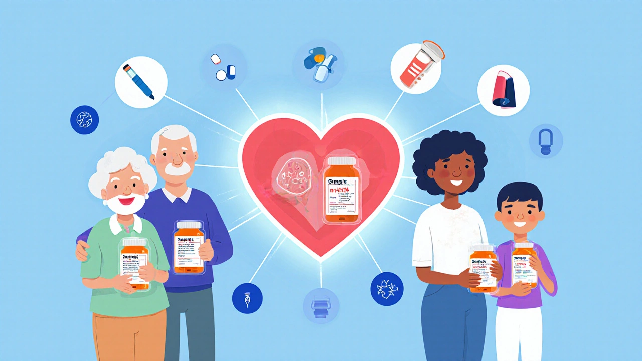 Diverse people holding generic meds, transparent pills show identical ingredients connected to a heart symbol.
