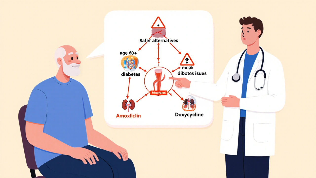 Doctor and patient discussing fluoroquinolone risks with visual flowchart of danger factors