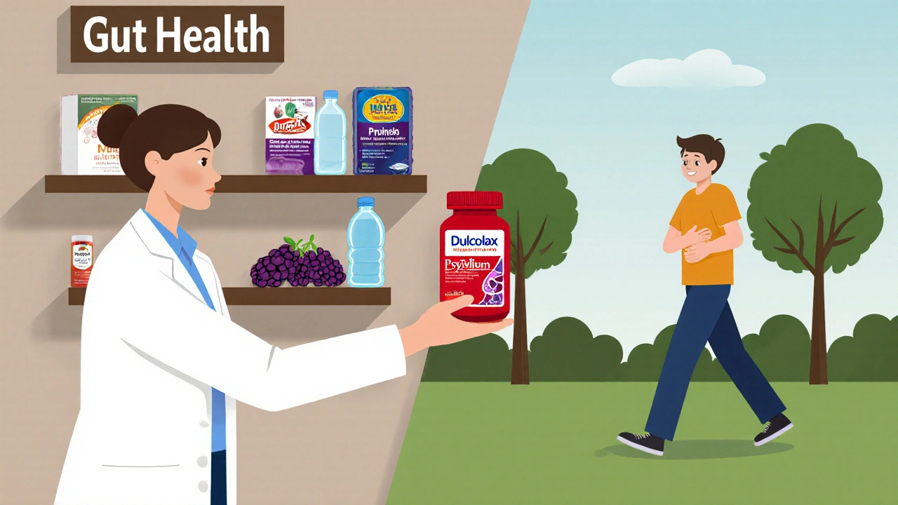 Doctor guiding patient from Dulcolax to healthy alternatives like fiber, water, and prunes.