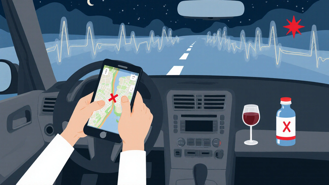 Driver asleep at wheel with allergy medicine and wine glass on passenger seat