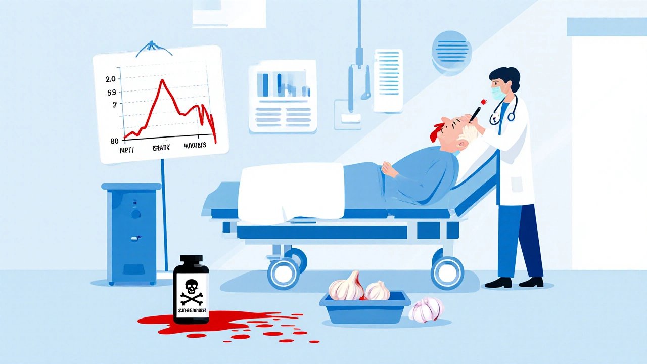 Elderly patient with nosebleed in hospital, doctor checking INR chart with spike.