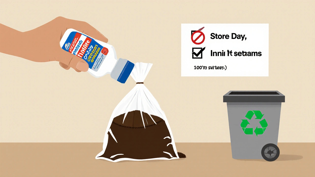 Expired crotamiton being mixed with coffee grounds for safe disposal in a sealed bag.