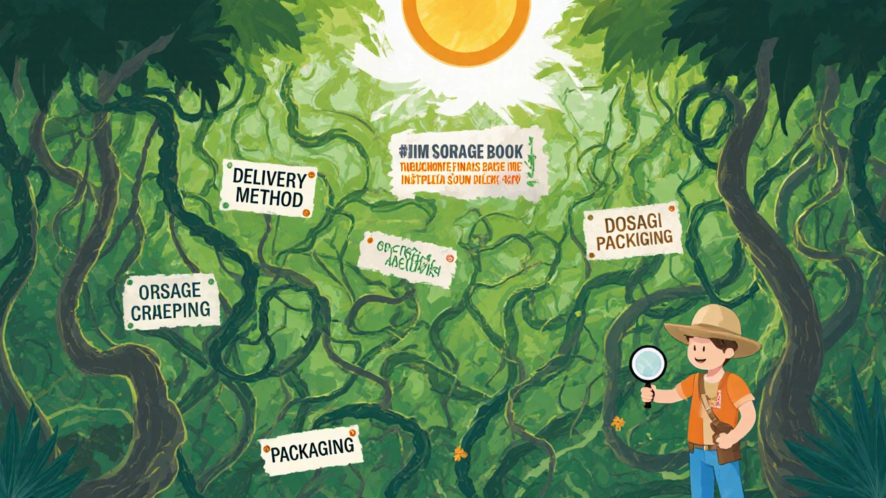 Explorer navigating patent thicket jungle with FDA sun breaking through overhead.