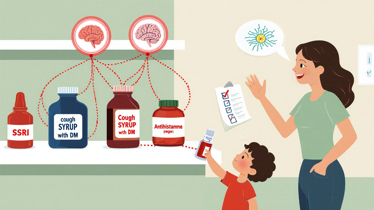 Family pharmacy shelf with dangerous medication combinations connected by red warning lines.