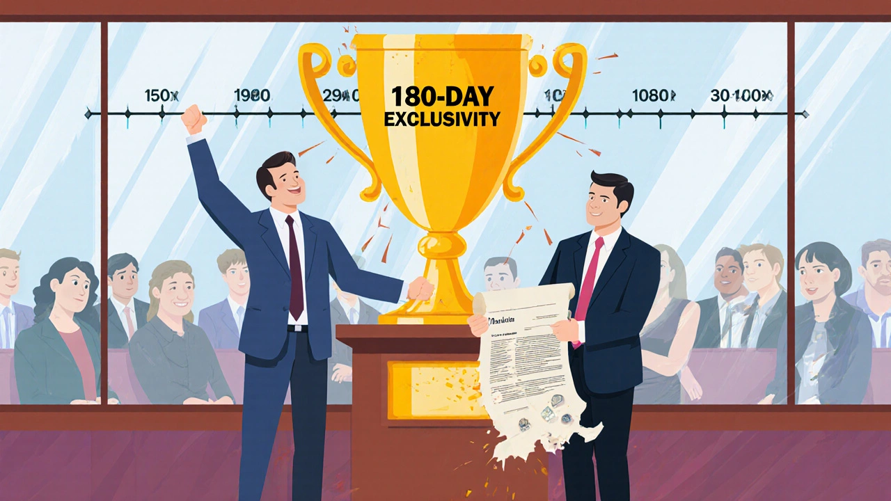 Generic company winning court case with 180-day exclusivity trophy and brand patent crumbling.