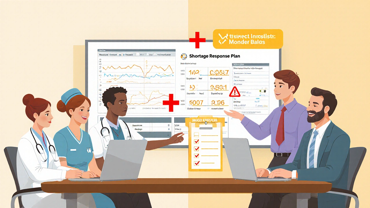 Hospital team using a digital dashboard to track drug shortages and plan responses.