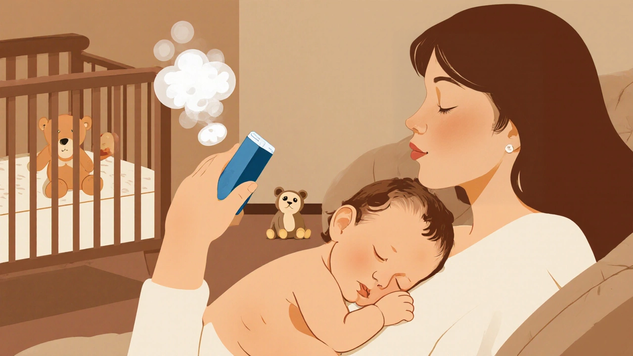 Mother using an asthma inhaler while breastfeeding, medication dissipating harmlessly.
