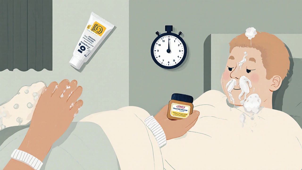 Nighttime skincare routine with moisturizer, cotton socks, and cool room temperature.