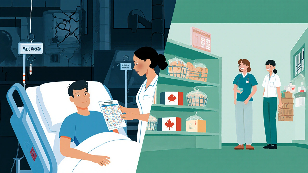 Nurse administering alternative medication while factory problems loom in background.