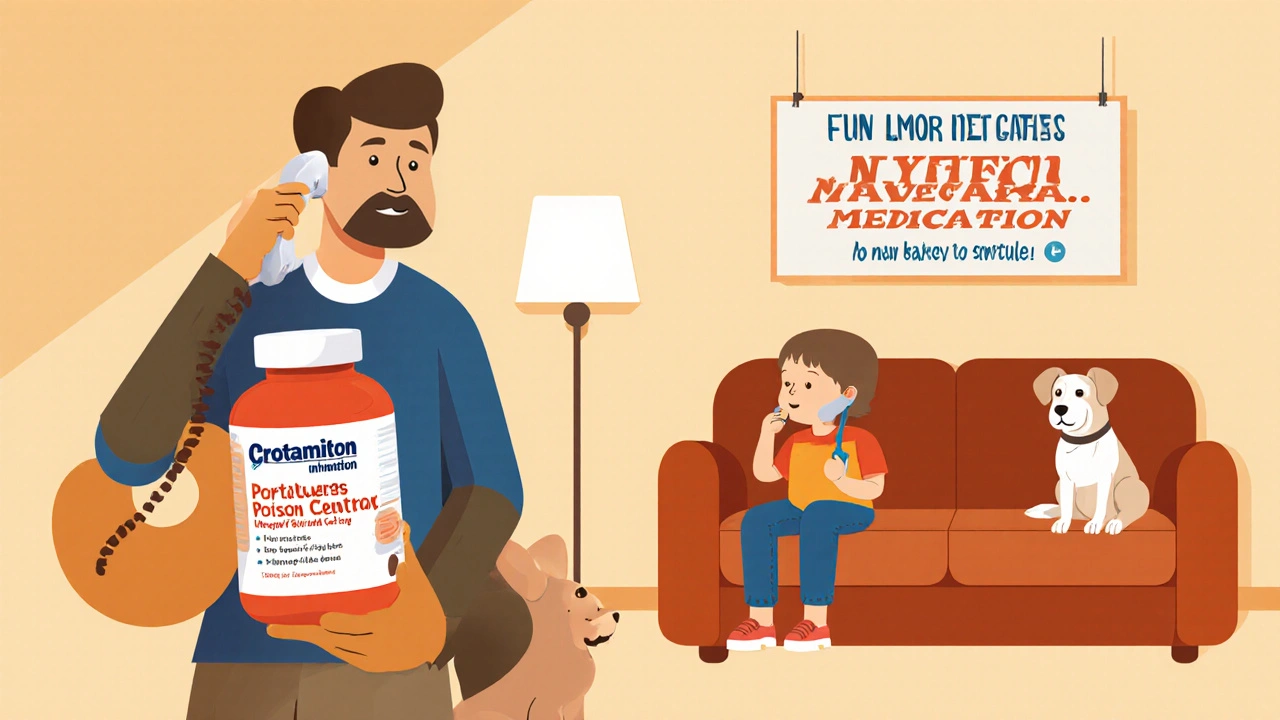 Parent calling Poison Control while child and pet are safely away from medication.