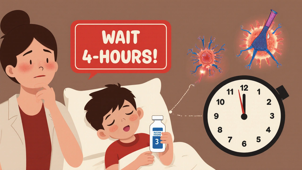 Parent holding fever medicine beside sleeping child with clock showing 3 hours post-vaccine