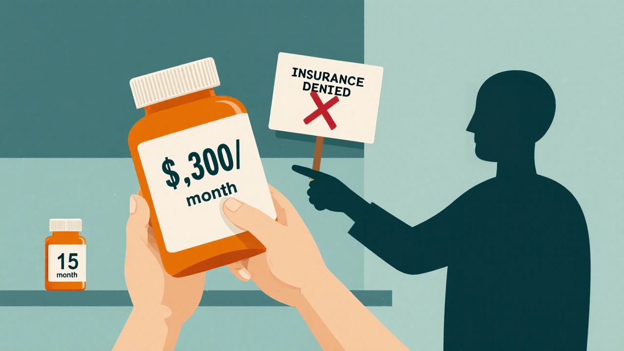 Person holding expensive weight loss bottle, shocked, cheaper pill on shelf, insurance denial sign in background