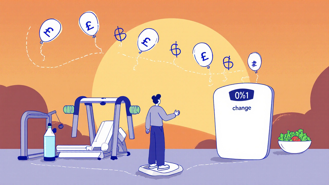 Person on scale with no change, lost weight floating away as balloons, healthy habits unused behind them