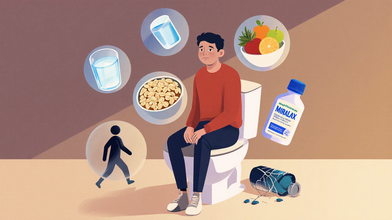 Person relaxed on toilet with symbols of water, food, walking, and MiraLAX; discarded Dulcolax nearby.