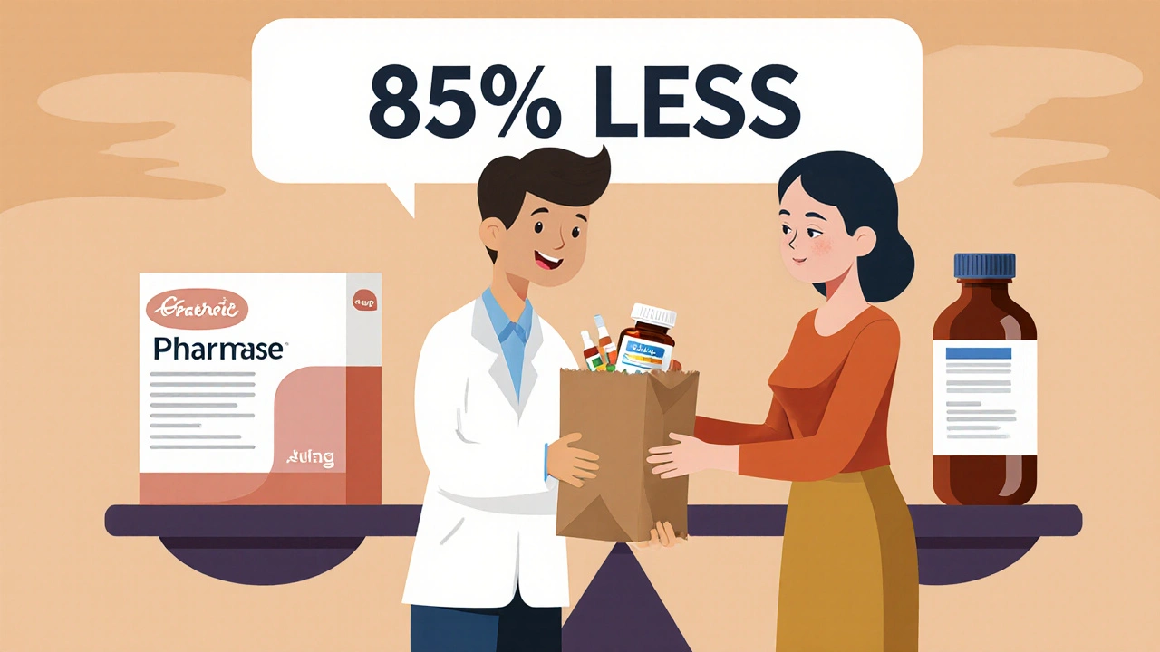 Pharmacist giving a generic pill bottle to a patient, scale showing 85% cost difference.