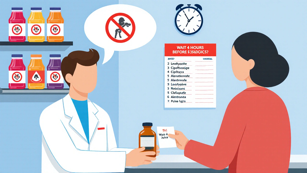 Pharmacist warns patient to wait before drinking calcium juice, with warning symbols on bottles.