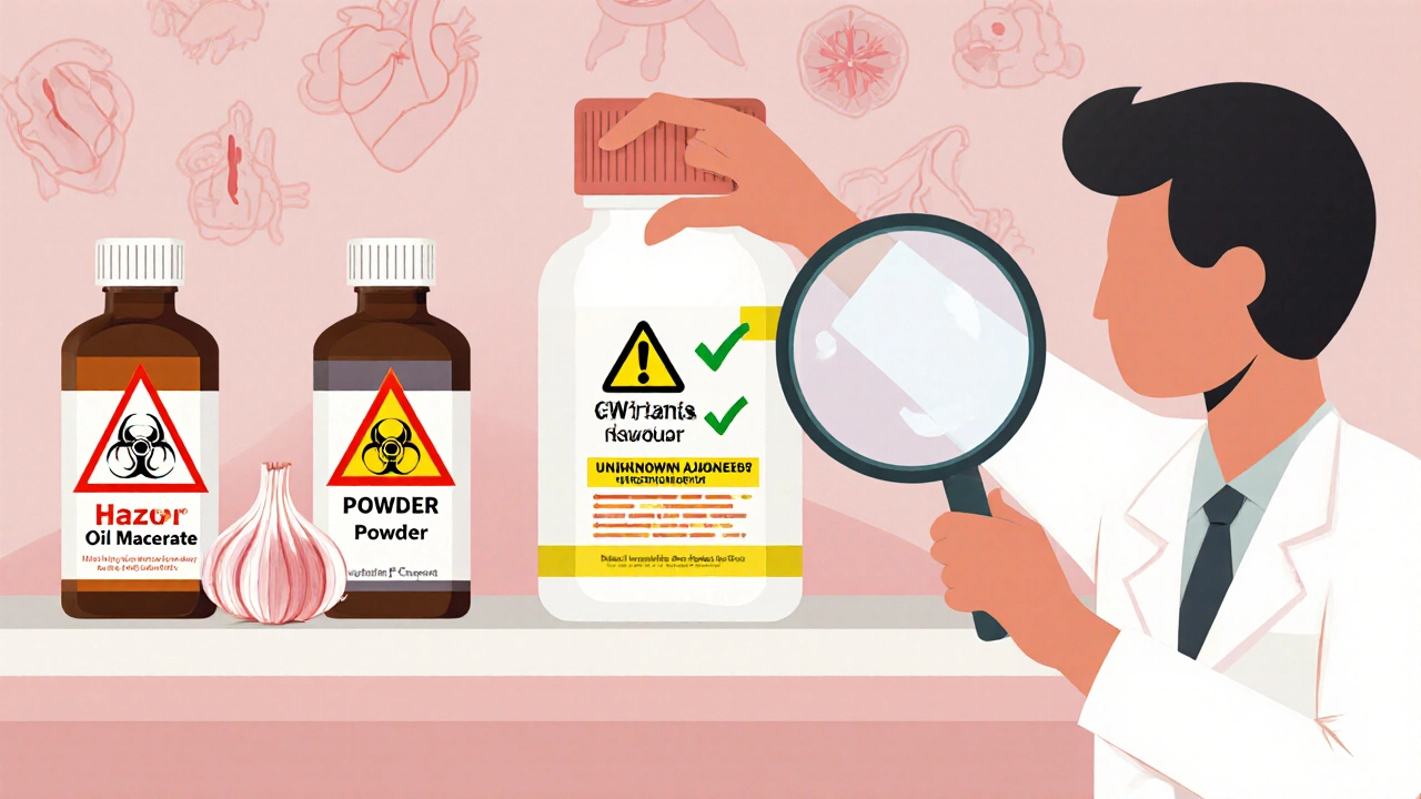 Pharmacy shelf with three garlic supplement types labeled by risk level.
