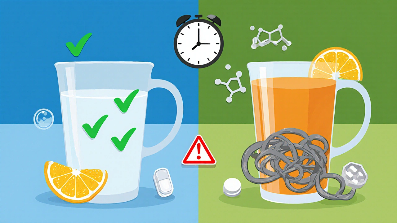 Side-by-side comparison: pill dissolving safely in water vs. trapped in calcium bonds in juice.