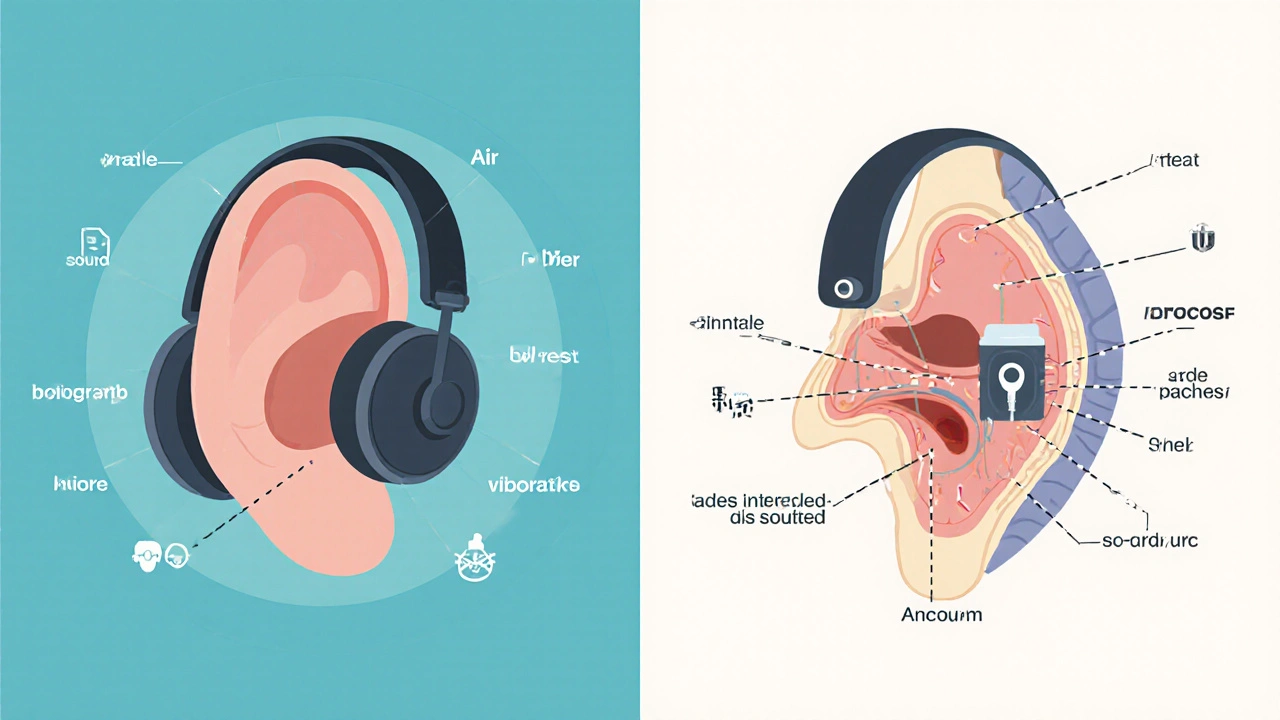 Side-by-side illustration of air and bone conduction hearing test methods