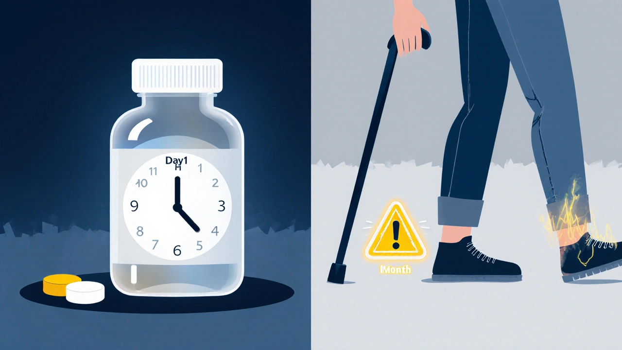 Split timeline showing antibiotic use and delayed tendon rupture with warning symbol