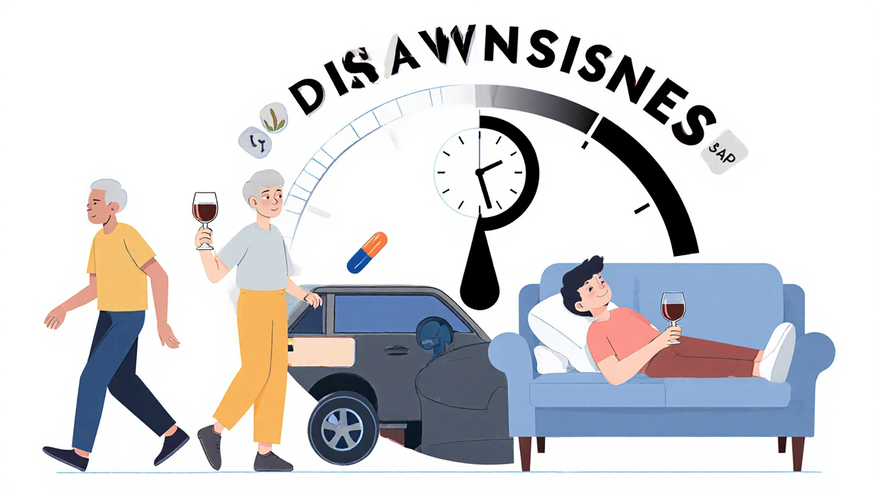Three people affected by mixing antihistamines and alcohol, with warning scale