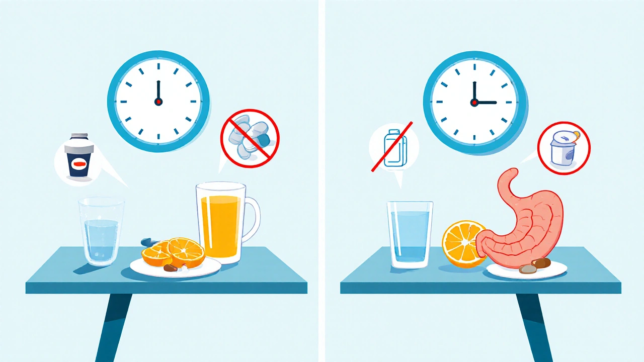 Two breakfast tables showing folic acid taken alone in morning versus iron and calcium foods later, with crossed-out interfering items