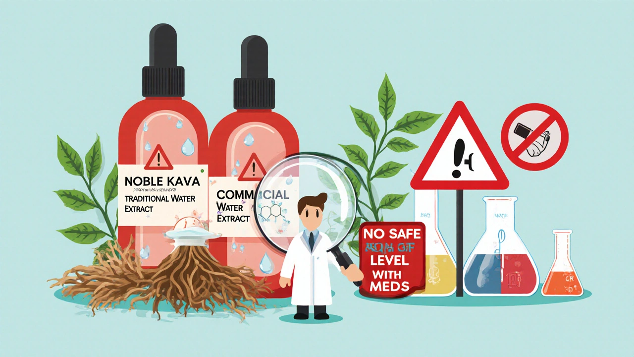 Two kava products compared—traditional vs. commercial—with toxic compounds revealed under magnifying glass.