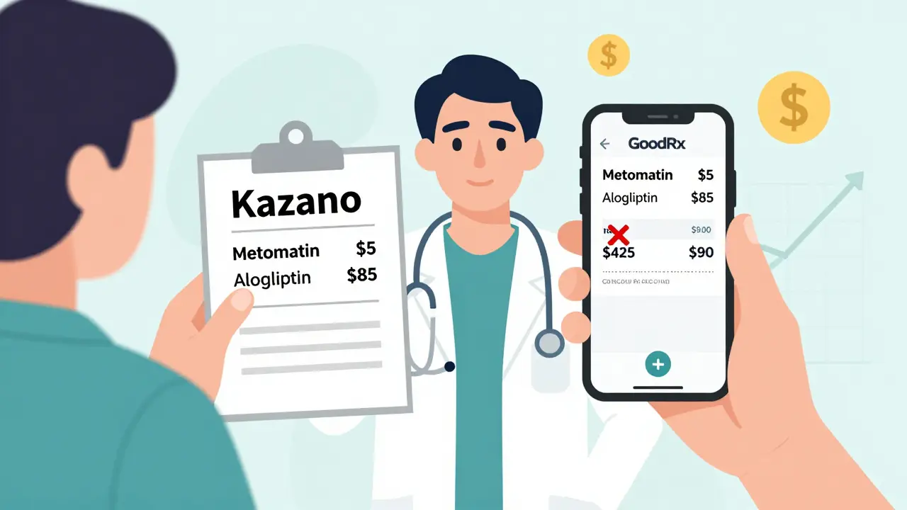A doctor and patient reviewing drug prices on a phone, with a high combo cost crossed out and low generic total highlighted.