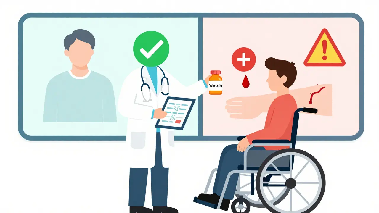 A doctor reviewing genetic data with a patient at risk for warfarin bleeding, shown with contrasting health outcomes.