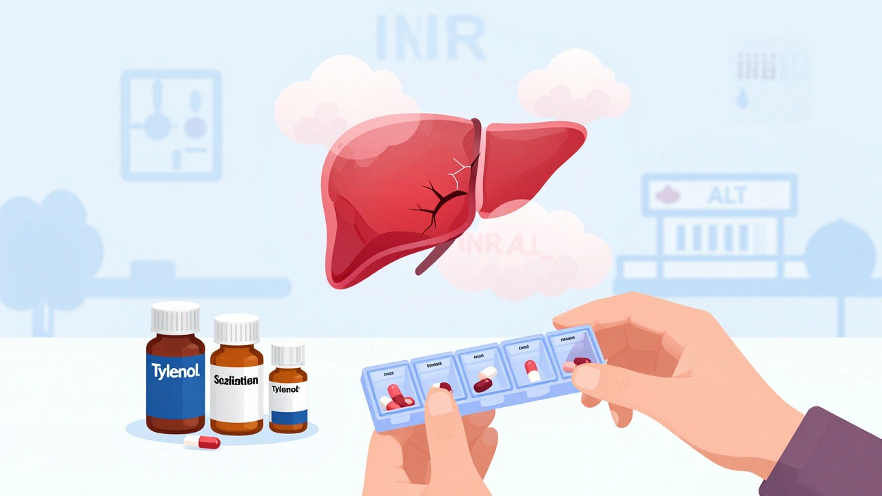 A person adding up daily acetaminophen doses from multiple pills, with a cracked liver glowing red from toxic buildup.