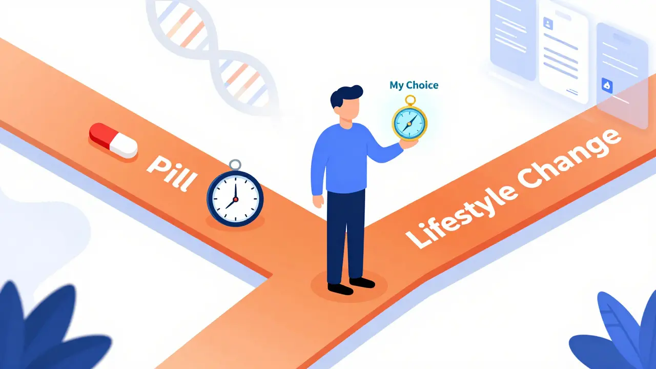 A person choosing between treatment paths—pill, therapy, lifestyle—with a compass symbolizing personal choice.