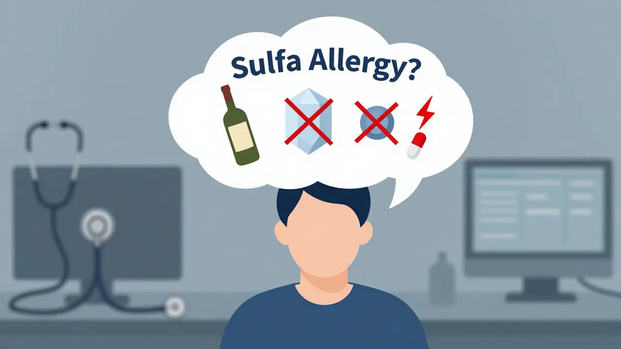 A person with a cloud of misinterpreted chemicals labeled 'Sulfa Allergy?' and one true allergen highlighted.