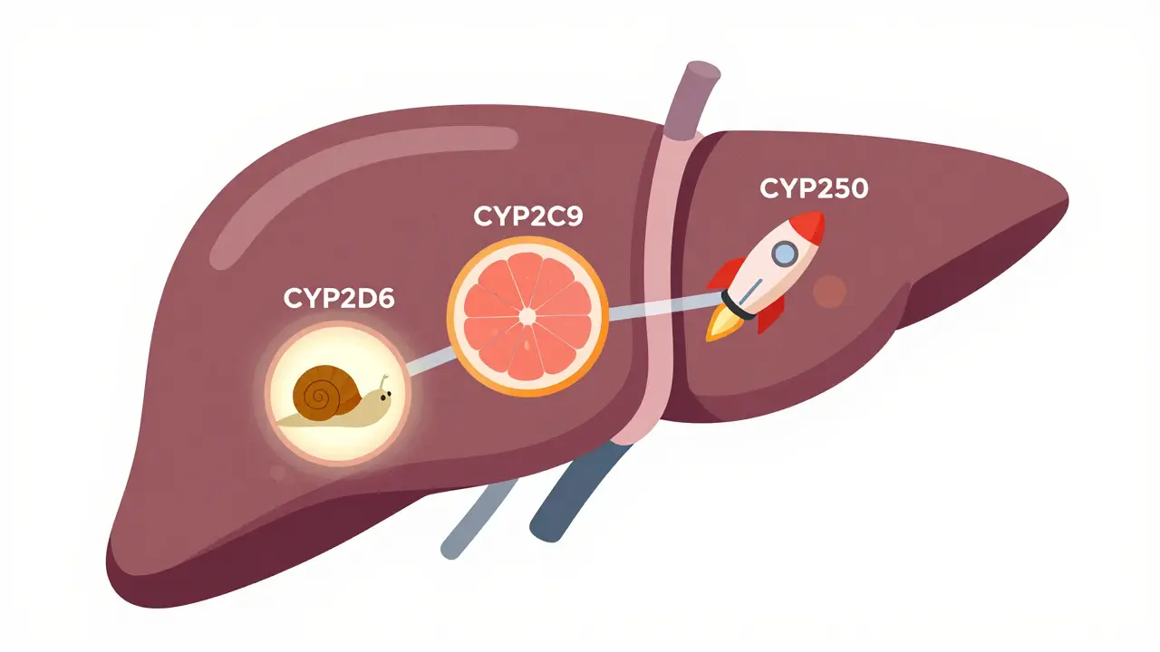 A transparent human liver with glowing enzymes showing slow, fast, and blocked drug metabolism pathways.