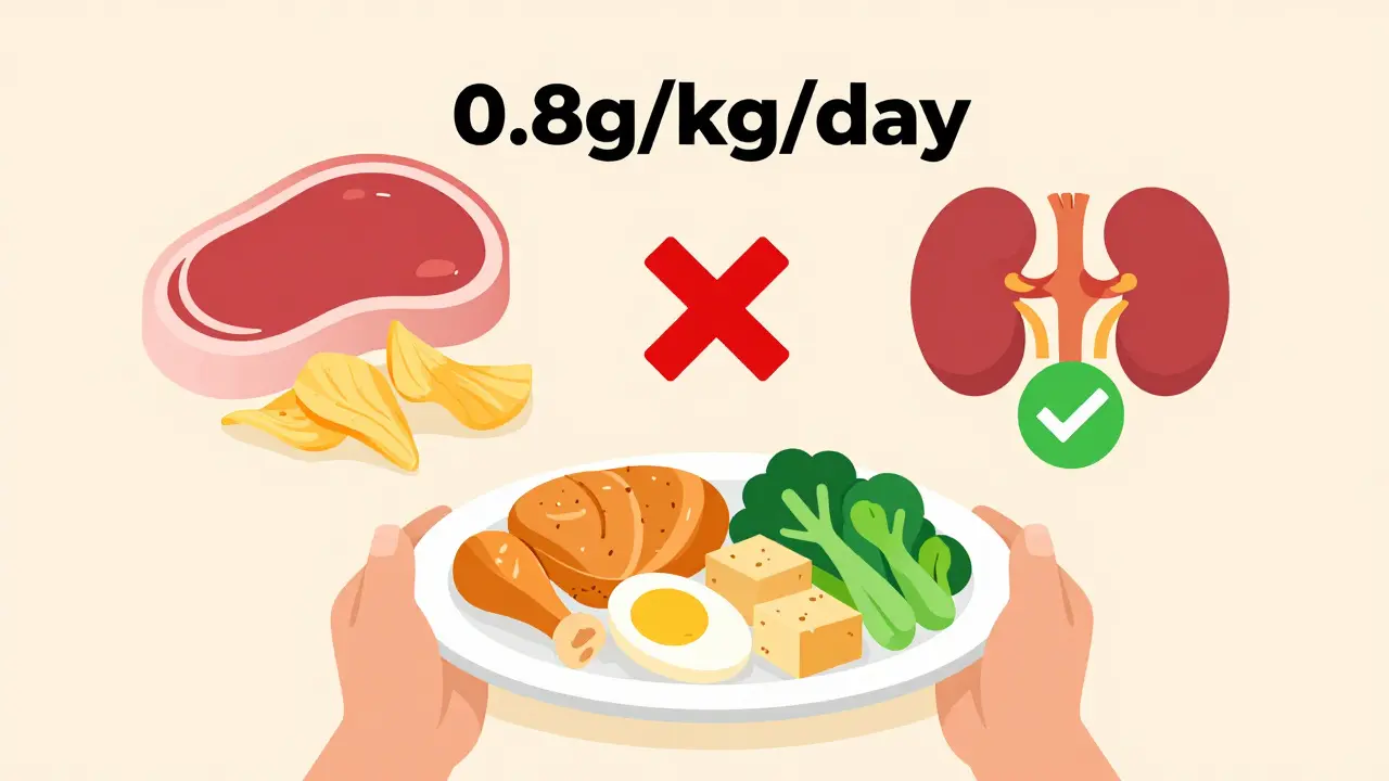 Balanced plate with protein portions labeled 0.8g/kg/day, avoiding high-protein and salty foods.