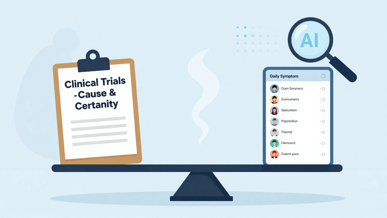Balanced scale showing clinical trials vs. real-world patient apps, with AI analyzing symptoms from daily logs.