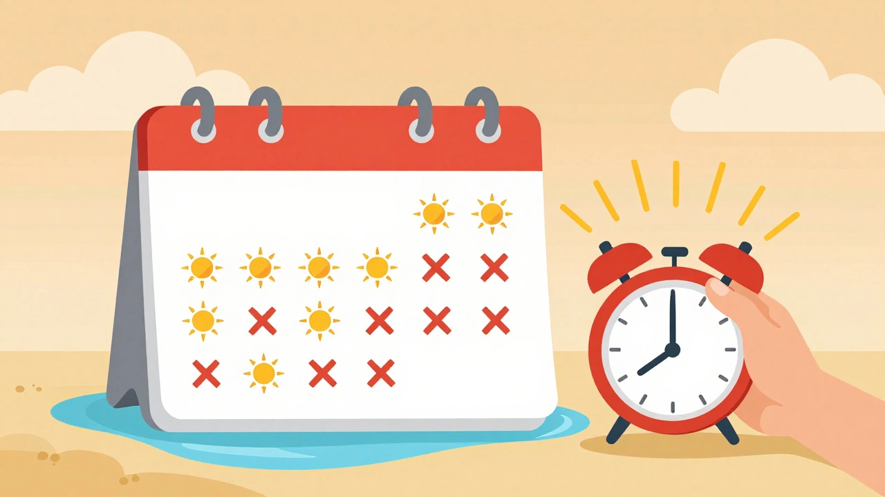 Calendar showing skipped sunscreen days, hand reapplying every two hours under persistent sun rays.