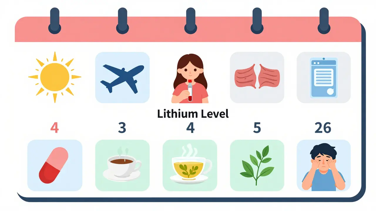 Calendar with seven risk icons and a blood test vial, illustrating daily lithium monitoring needs in flat design.