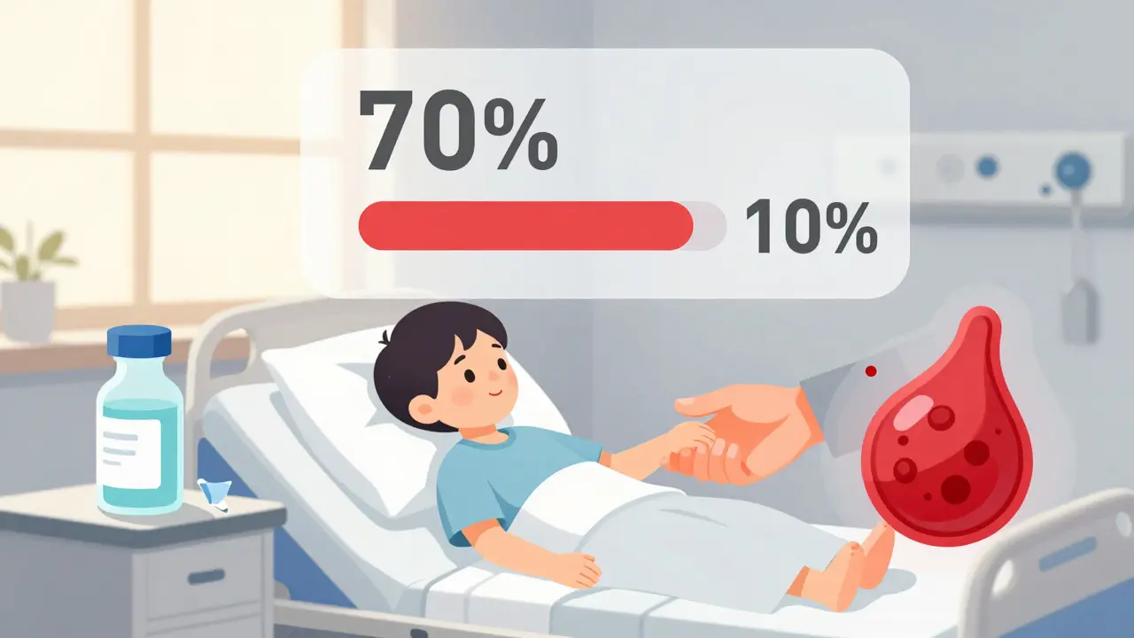 Child receiving CAR-T therapy with remission stats glowing beside them.