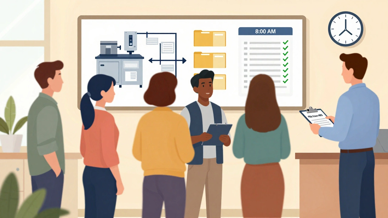 Company staff undergoing mock FDA inspection with updated facility diagram and checklist visible.