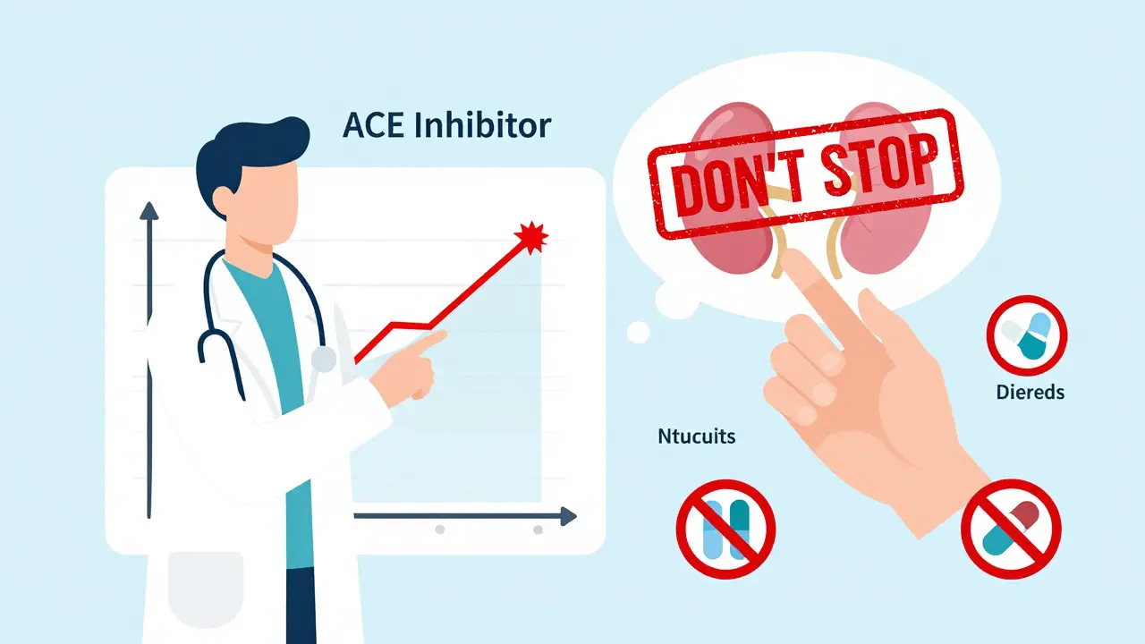 Creatinine rises on graph as ACE inhibitor is taken, with 'DON'T STOP' warning over pills.