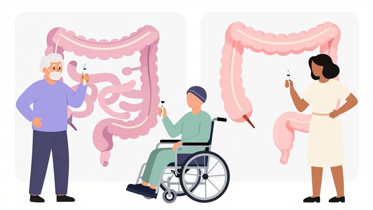 Diverse patients holding PAMORA medications with split background showing constipation vs. restored bowel function.