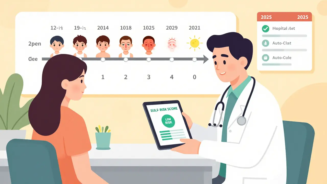 Doctor and patient reviewing a risk score on a tablet, with a timeline showing allergy label correction.