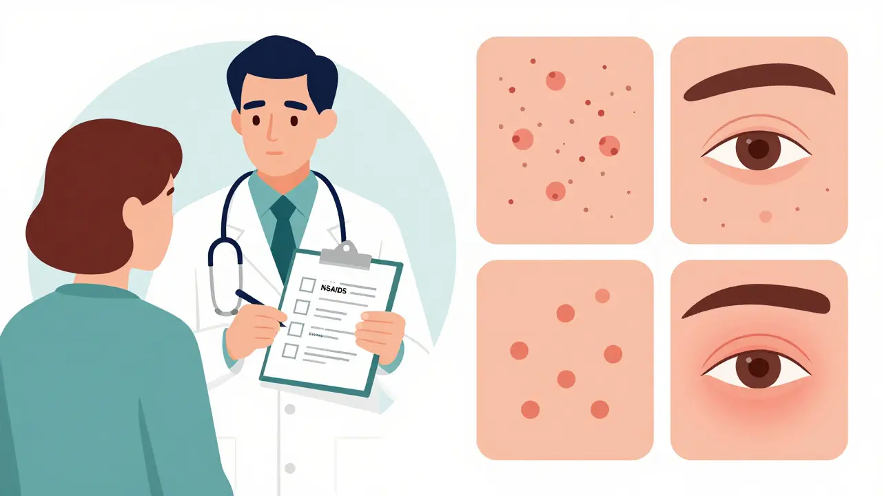 Doctor and patient reviewing a symptom diary with visual indicators of triggers like stress, NSAIDs, and heat.