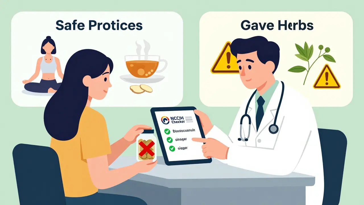 Doctor and patient reviewing supplement safety on tablet with warning symbols