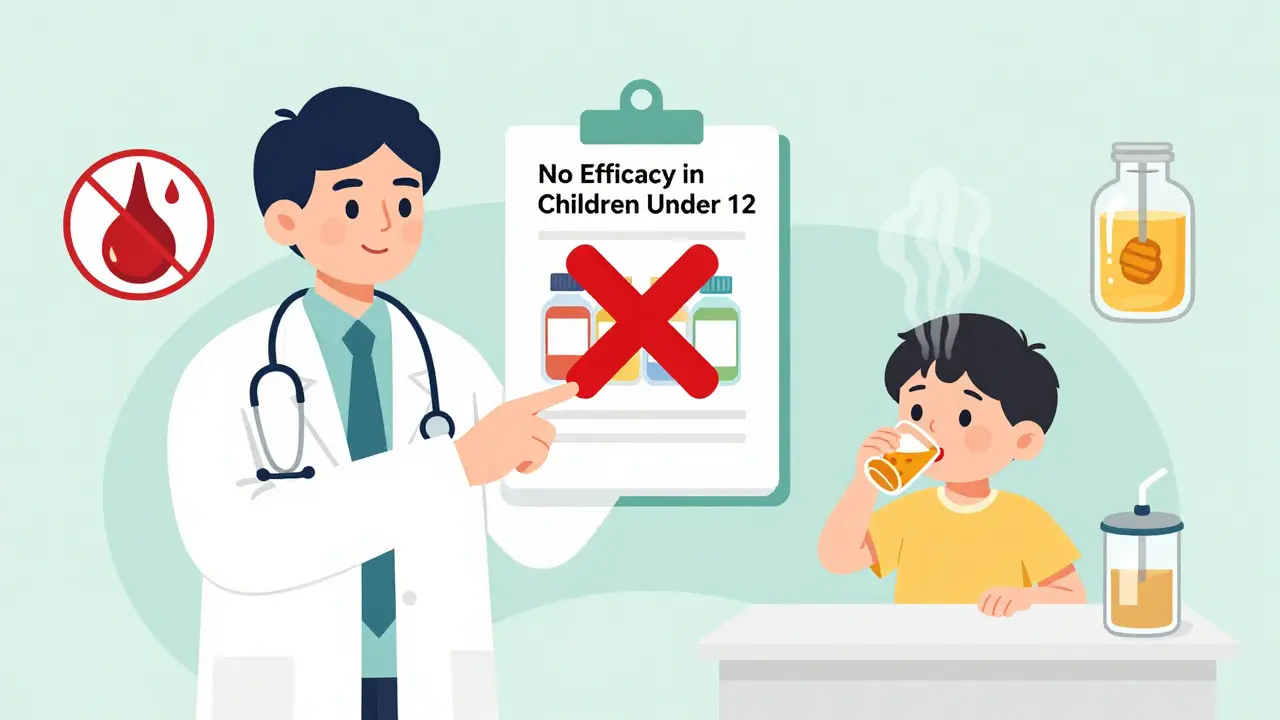 Doctor showing chart against banned cold medicines, child safe with honey and humidifier