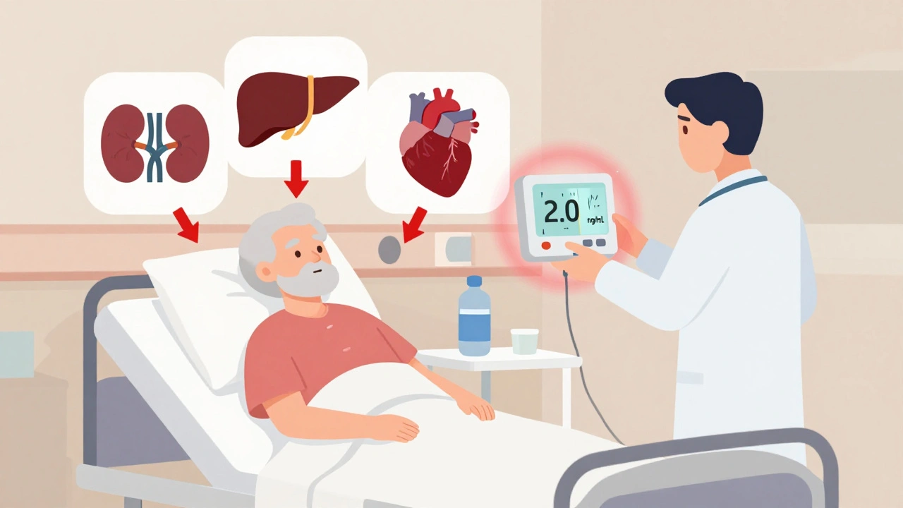 Elderly patient in hospital with icons representing reduced drug metabolism and high lithium levels.